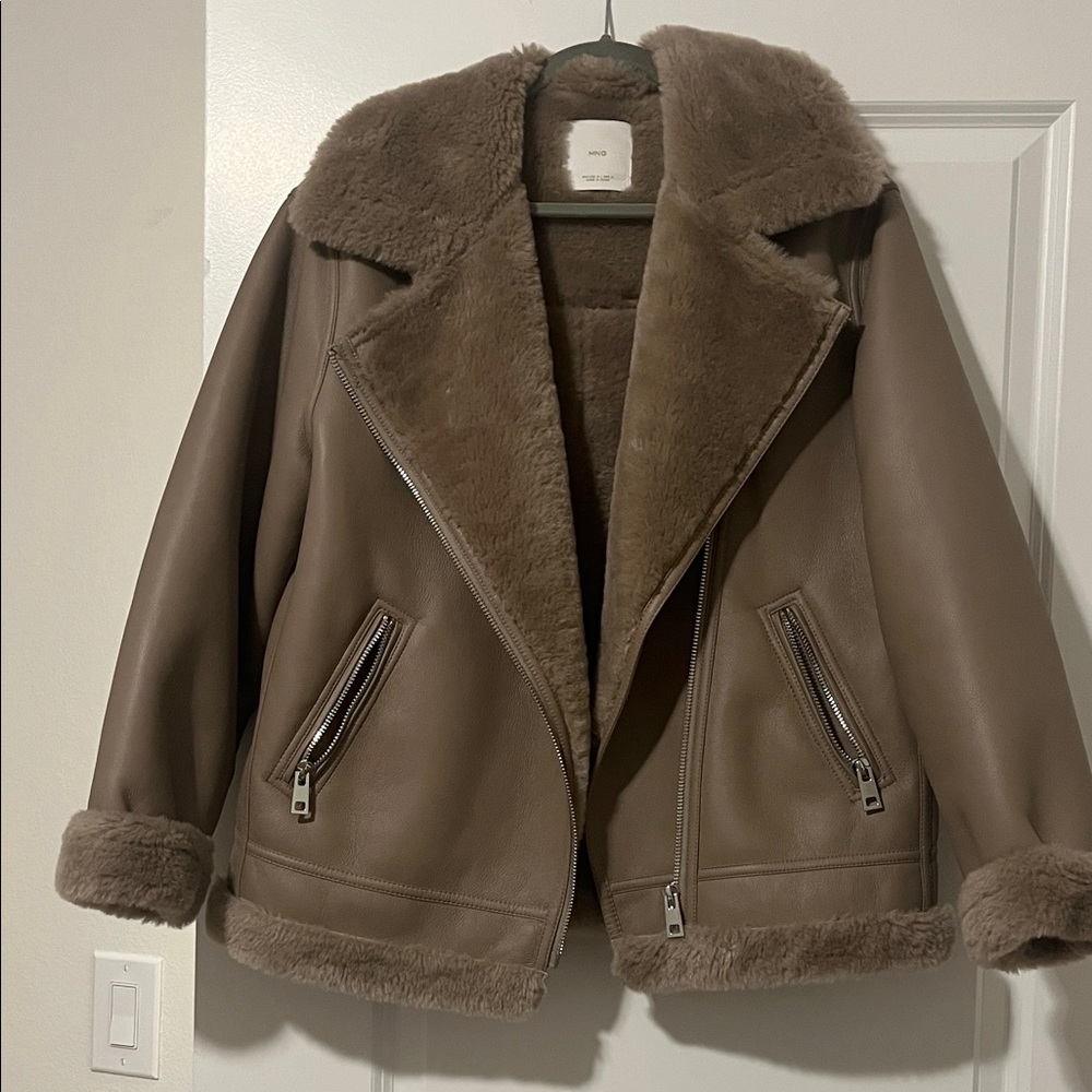Mango Tan Teddy Jacket with Faux Fur Trim